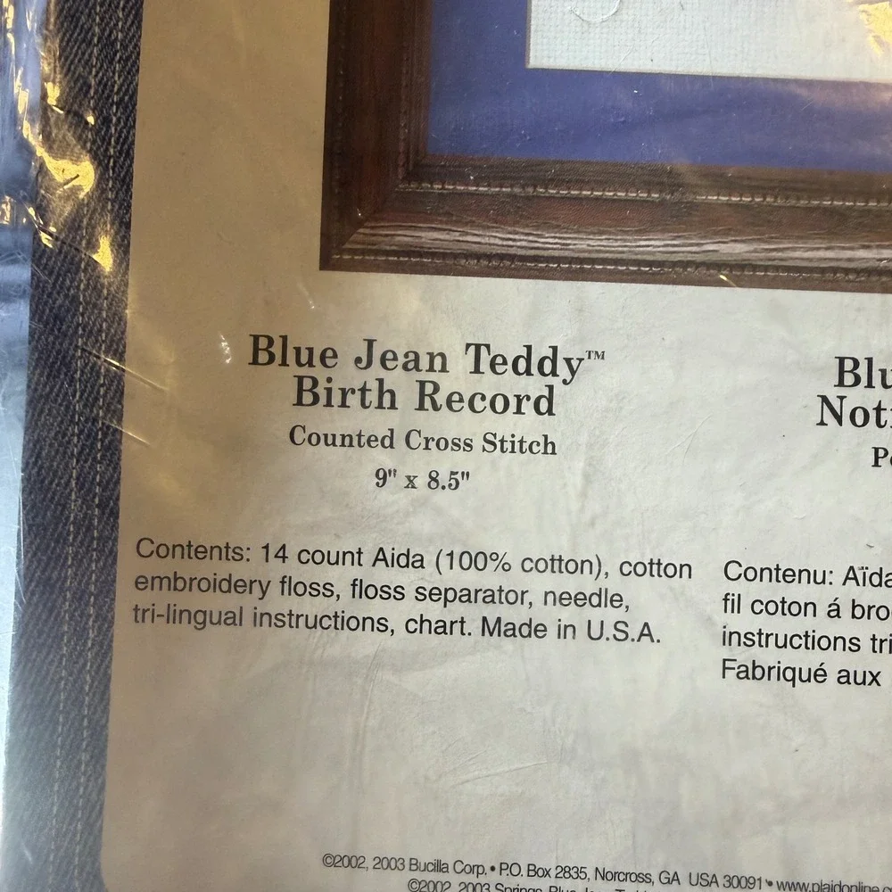 Bucilla Blue‎ Jean Teddy Birth Record 9 x 8.5 Counted Cross Stitch Kit 43068 New